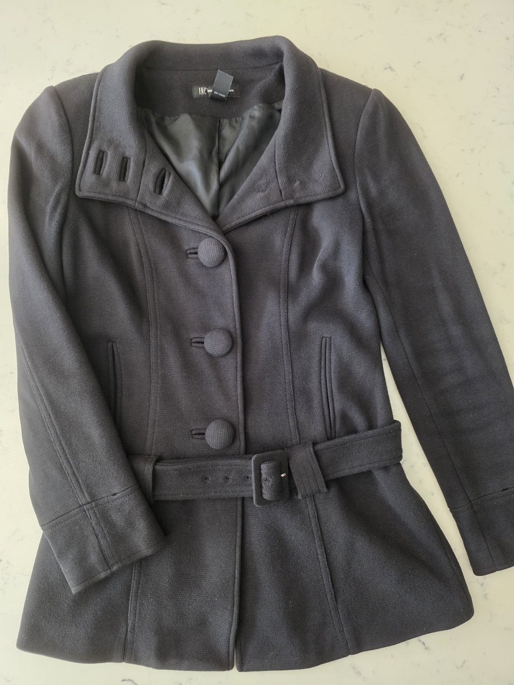 INC International Concepts Black Belted Pea Coat Removable Fur Trim